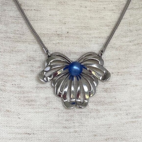 VTG Sterling Silver 925 Forstner Blue Cats Eye Glass Floral Pendant Necklace 16" - Picture 5 of 16